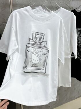 欧洲站女装新款香水kt慵懒宽松印花短袖T恤潮流卡通印花小众上衣