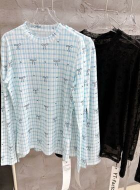 欧洲站女装新款蝴蝶结印花防晒长袖t恤猫咪蕾丝性感透视上衣罩衫