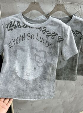 欧洲站女装新款卡通猫咪印花短袖T恤宽松百搭减龄洋气短款上衣潮