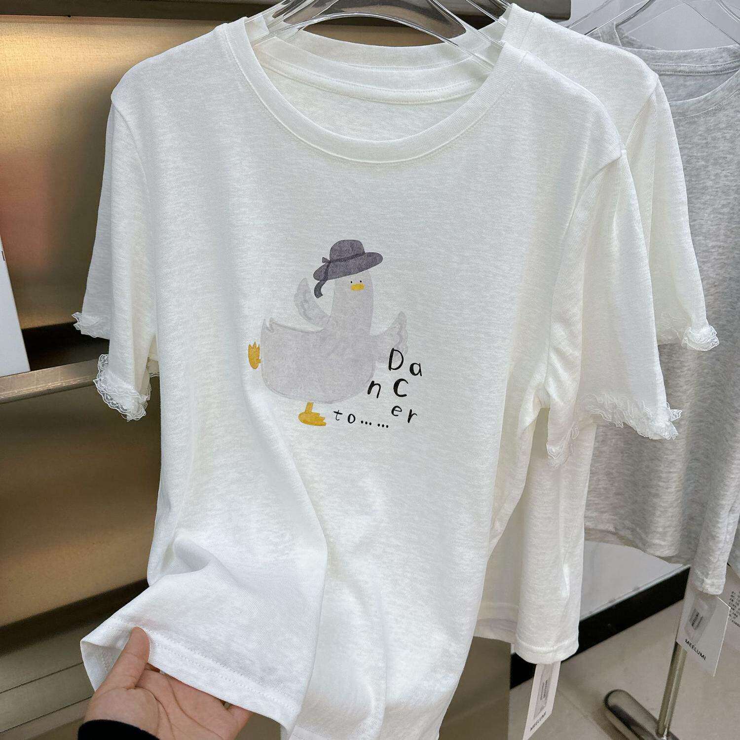 欧洲站女装新款卡通风胖鸭印花设计短袖T恤宽松百搭休闲圆领上衣