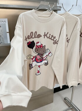 欧洲站女装新款甜美可爱卡通猫咪骑木马印花T恤宽松减龄休闲上衣