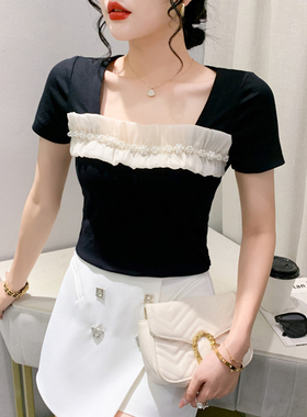 欧洲站女装新款短袖T恤小清新钉珠花边拼色打底小衫修身显瘦上衣