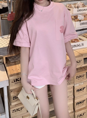 欧洲站24ss新款简约设计短袖T恤减龄少女风气质甜美粉色宽松上衣