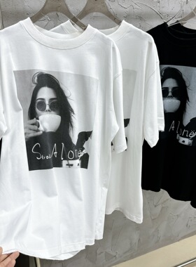 欧洲站女装新款设计感复古人物图像印花T恤休闲宽松短袖百搭上衣