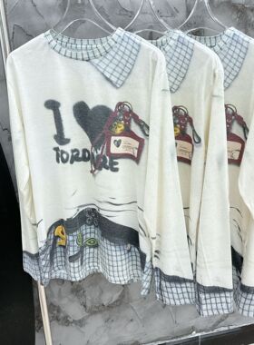 欧洲站女装新款趣味3D数码印花假两件衬衫拼接长袖T恤宽松打底衫