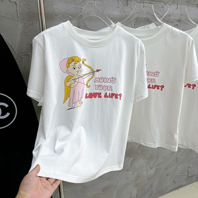 欧洲站女装新款圆领卡通丘比特字母印花百搭短袖T恤女休闲上衣潮