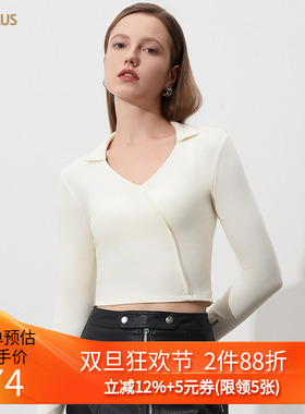 CANVAUS秋冬季纯色短款打底衫女长袖修身鸡心领拼接拉链韩版上衣