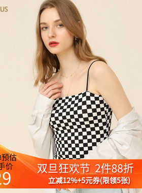 CANVAUS夏季新品 内搭修身棋盘格性感打底短款一字领吊带背心女
