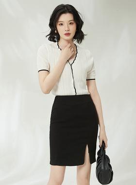 2025年夏装曼天雨专柜 高端UW系列花边V领微弹单排扣短袖针织衫女