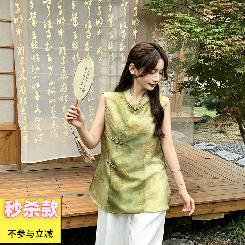 无袖宽松单排扣上衣衬衫