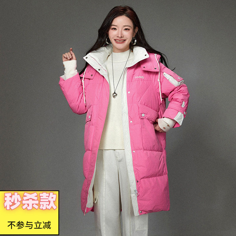 2025年冬装Outlets专柜 高端HZ系列休闲宽松减龄连帽长款羽绒服女