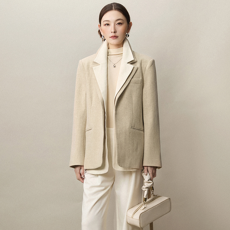 双层领开衫毛呢外套大衣