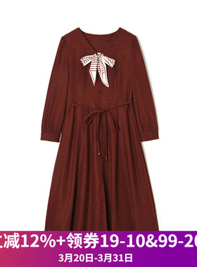 奥莱专柜品牌撤柜正品 ZW春装新款 系蝴蝶结中长裙高腰长袖连衣裙