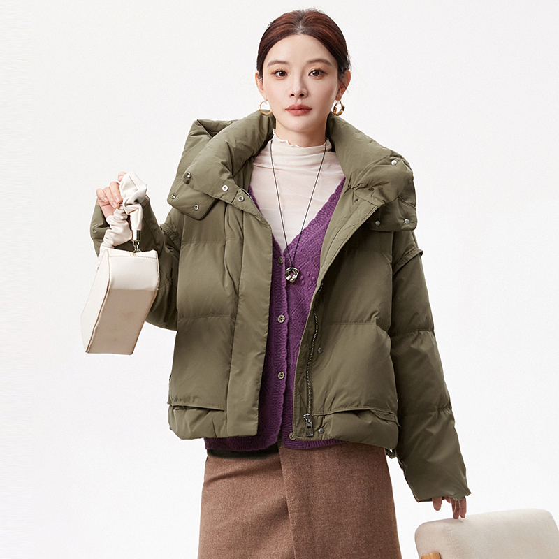 奥莱专柜正品 YR冬装2025新款 都市女性时尚感连帽白鸭绒羽绒服女