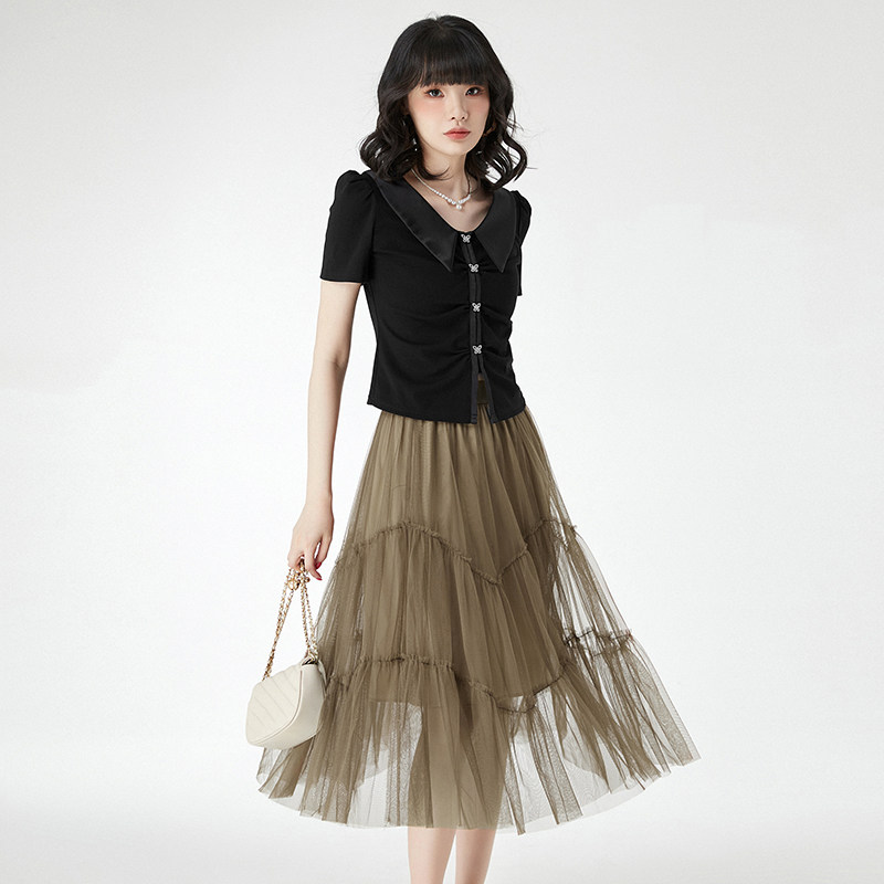 曼天雨专柜撤柜正品 zr夏装新款紧身短袖上衣 松紧腰长裙两件套装