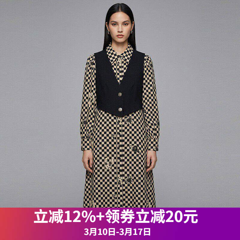 奥莱专柜品牌撤柜正品 GM春装新款单排扣马甲+格纹中长裙两件套装