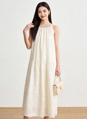 奥莱专柜品牌撤柜正品 BK夏装新款 度假风无袖宽松漂亮钉珠连衣裙