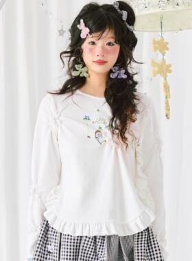 HELPHELP外星社白色纯棉褶皱花边彩色涂鸦印花长袖T恤