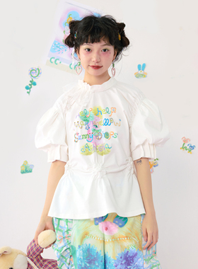 HELPHELP外星社彩色涂鸦插画蕾丝花边抽皱泡泡袖白色T恤夏日短袖