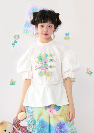 HELPHELP外星社彩色涂鸦插画蕾丝花边抽皱泡泡袖白色T恤夏日短袖