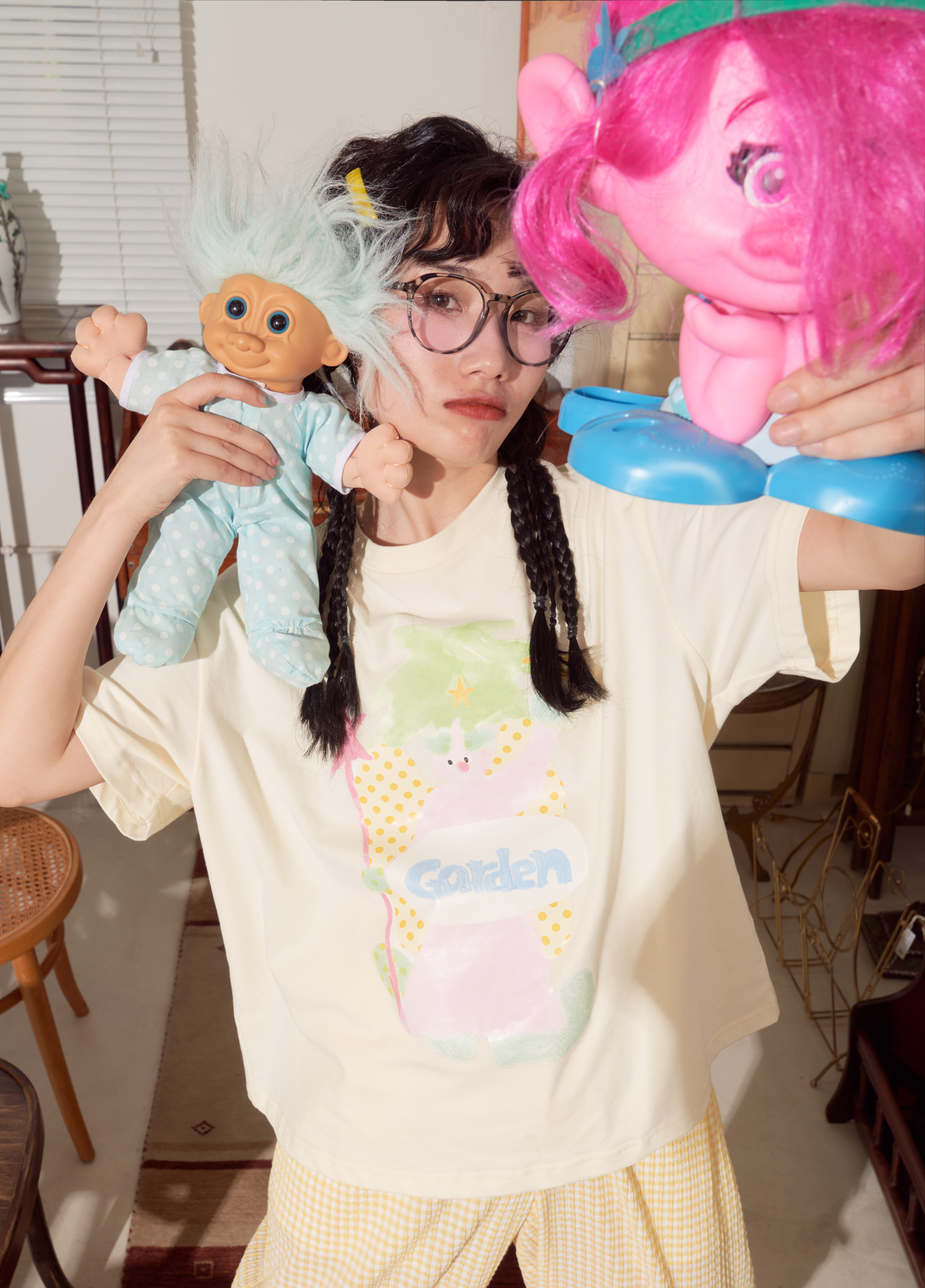 外星社 电电魔发印花浅奶黄色少女魔发师宽松百搭T恤2022夏季新品