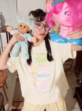 外星社 电电魔发印花浅奶黄色少女魔发师宽松百搭T恤2022夏季新品