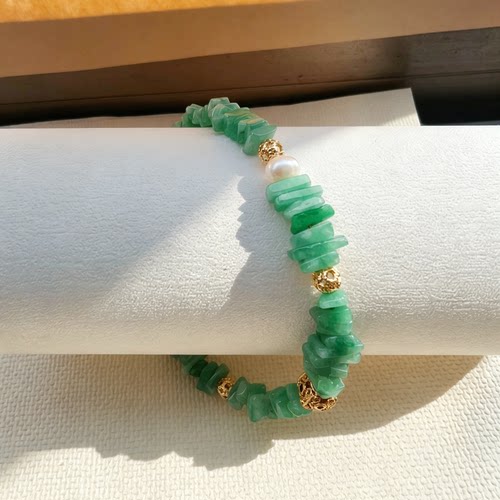 缅甸料天然翡翠A货手链18k碎冰冰阳绿果绿手链碎石新中式手饰国风