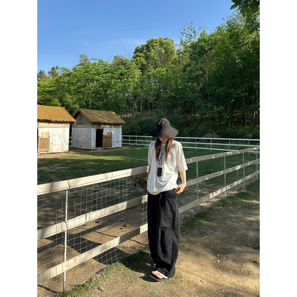 OPS LA MODE  新中式暗纹国风天丝亚麻休闲遛弯裤