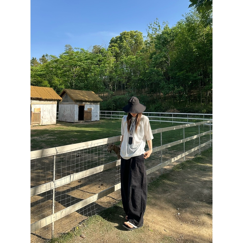 OPS LA MODE  新中式暗纹国风天丝亚麻休闲遛弯裤