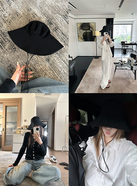 OPS LA MODE 素颜氛围的神 真皮抽绳遮阳大帽檐渔夫帽