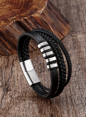 欧美跨境不锈钢皮手链皮革编织手镯皮手链多配件潮流欧美风首饰