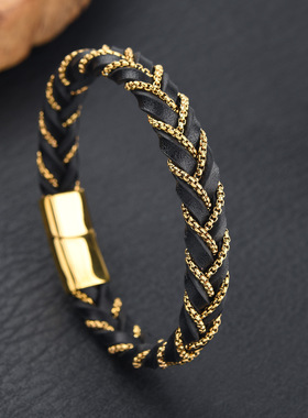 跨境热销男士不锈钢皮手链金色钢色黑色个性简约圆形编织皮手链