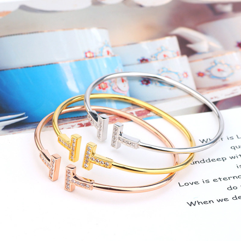 时尚百搭简约双t形手镯镶钻开口女式小清新手环跨境热销爆款