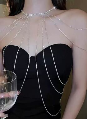 欧美满钻长款项链个性新娘礼服夸张流苏肩链身体链一体式配饰项饰