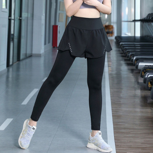 夏天大码假两件带长裤瑜伽服紧身薄款健身房跑步运动速干提臀女裤
