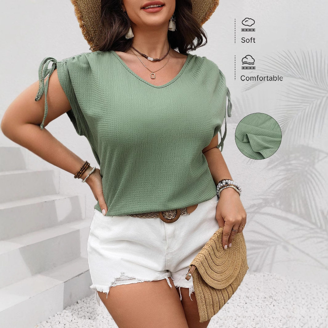 Oversized women's V-neck drawstring short sleeved loose top