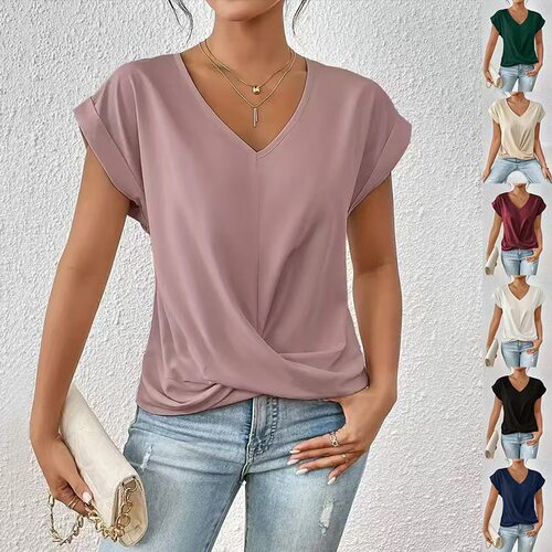 Solid color V-neck T-shirt, elegant short sleeved top 上衣