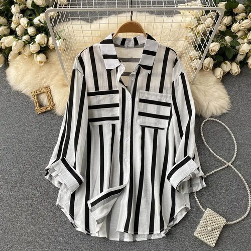 Vertical striped multi-color shirt women's casual loose top