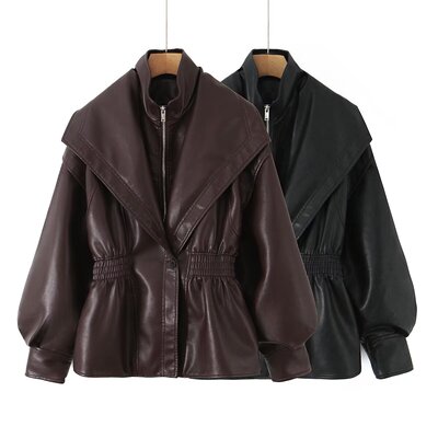 Fashion lapel lantern sleeves imitation leather jacket 外套
