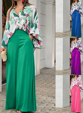 Loose plus size casual printed wide leg pants two-piece set