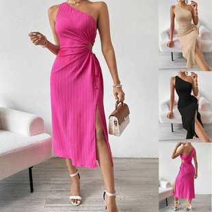 shoulder single sleeveless dress neck slit slanted sexy