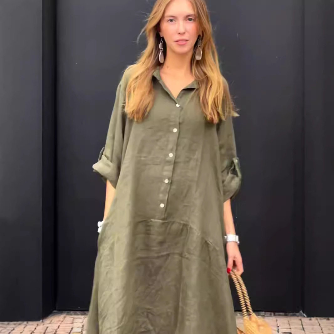 Casual pocket shirt collar long skirt casual plus size dress图片