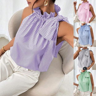 lace high shirt sleeveless top striped knot casual neck