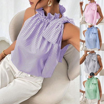 casual sleeveless striped lace high neck knot T-shirt top
