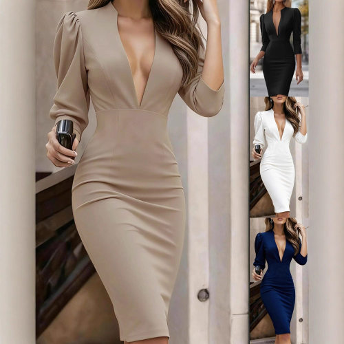 Women's fashion slim fit solid color stand up collar dress