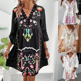 lace dress Summer neck versatile printed casual patchwork