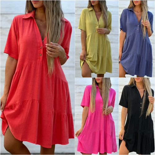 Women's loose solid color lapel casual short sleeved dress