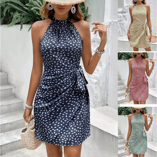 Women's  Zipper Sleeveless Flower Print Ruffled Short Dress