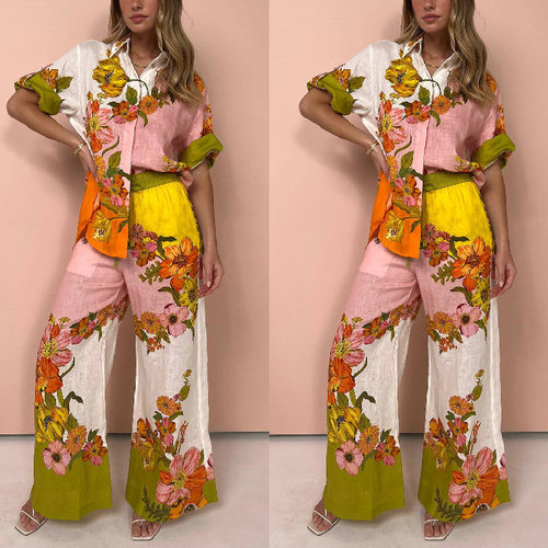 Printed two-piece set top+wide leg pants 印花棉麻两件套套装