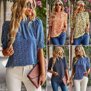 vacation top shirt 上衣 sleeved women short Floral casual